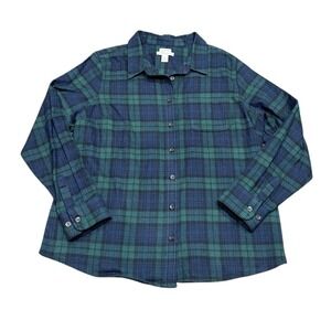 LL Bean Flannel Shirt Womens Petite XL Green Blue Scotch Plaid Slightly Fitted